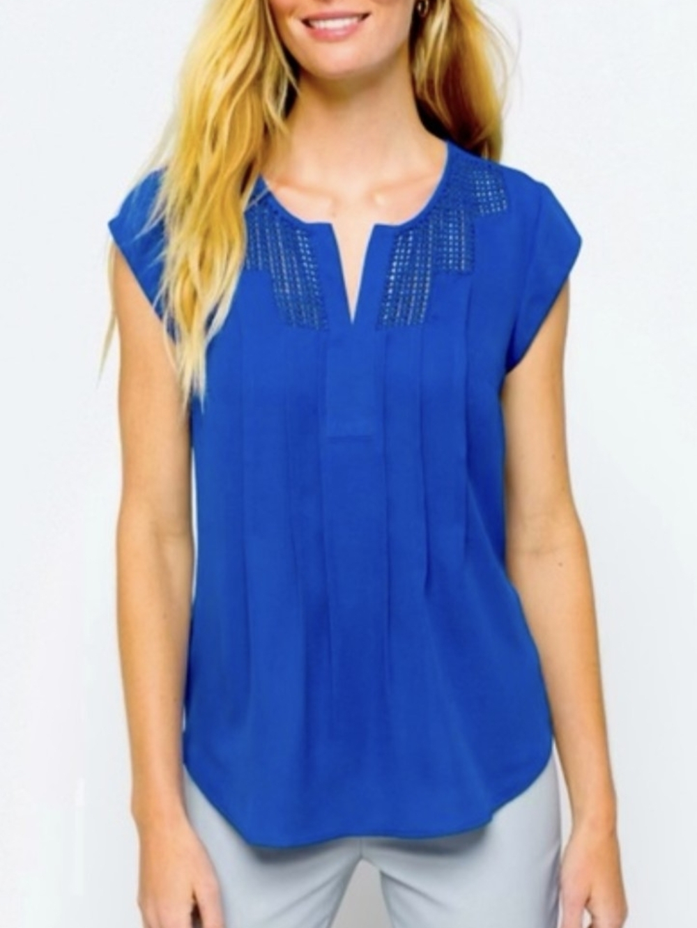 Daniel Rainn Royal Blue Split-Neck Pleated Cap-Sleeve Blouse